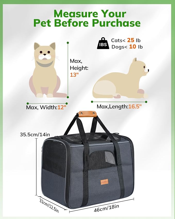 Morpilot Pet Carrier for Large Cats, Puppies & Small DogsUp to 25lbs, Escape-Proof with Locking Zippers, Dual-Sided Cushion, Safety Buckle for Car & Vet Travel, Includes Foldable Bowl (Dark Gray)