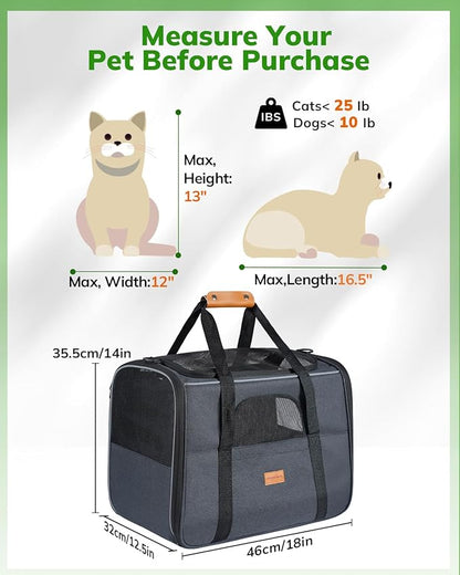 Morpilot Pet Carrier for Large Cats, Puppies & Small DogsUp to 25lbs, Escape-Proof with Locking Zippers, Dual-Sided Cushion, Safety Buckle for Car & Vet Travel, Includes Foldable Bowl (Dark Gray)