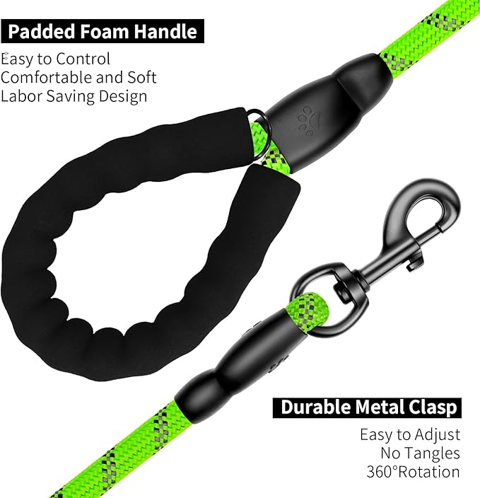 Heavy Duty Dog Leash for Large Medium Small Breed Dogs, Reflective Rope Dog leashes with Comfortable Handle,4/5/6 FT Pet Puppy Leash for Night Walking with Poop Bag Holder,Green,1/2 inch