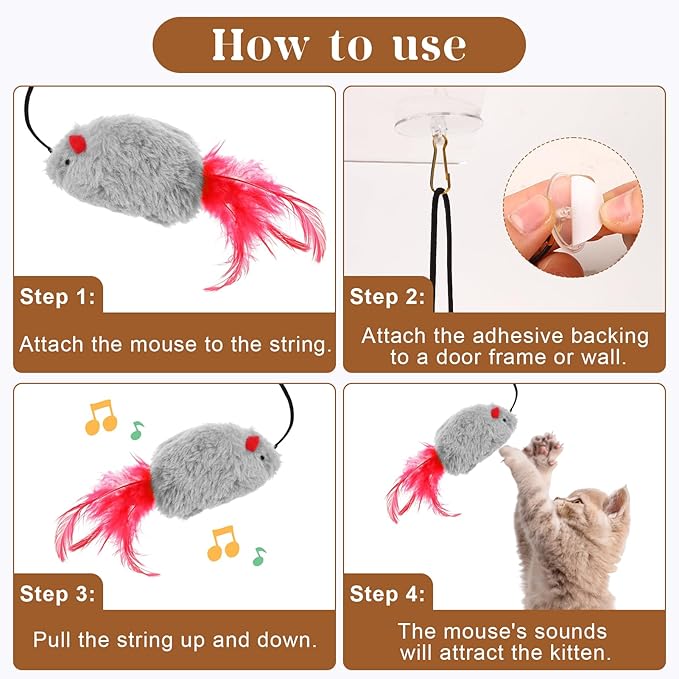 3Pcs Flying Mouse Cat Toys, Interactive Chirping Mouse Cats Feather Toys Hanging Cat String Toy for Bored Kittens Adult Multi Households