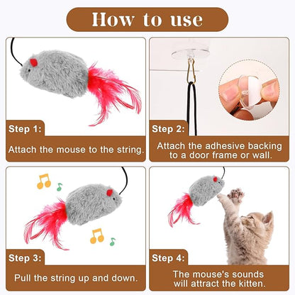 3Pcs Flying Mouse Cat Toys, Interactive Chirping Mouse Cats Feather Toys Hanging Cat String Toy for Bored Kittens Adult Multi Households