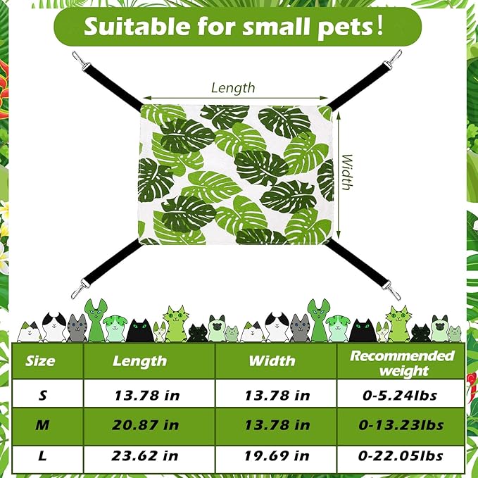 Jetec 2 Pack Cat Hammock for Cage, Catio Accessories Reversible Soft Cats Bed with Adjustable Straps and Hooks Double-Sided Linen and Fleece Hanging Hammock for Cats, Kitten(Monstera Leaf,L)