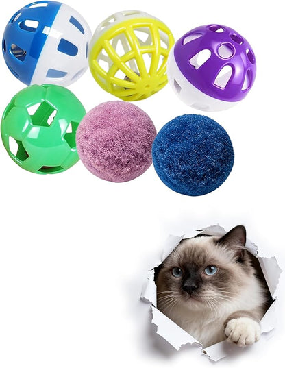 6 Pcs Cat Toys Balls, 4 Bell Balls and 2 Plush Balls for Indoor Kitten, Safe Soft Interactive Cat Toy Set (1.5'')