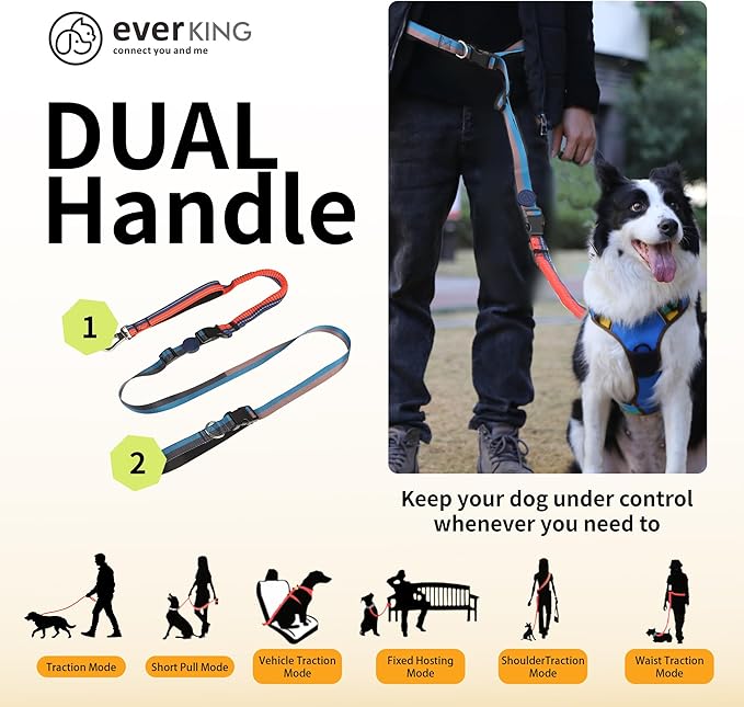 ‌EVERKING 6ft Hands-Free Dog Leash - 6-in-1 Adjustable with 360° Rotating Buckle, Night Reflective & Shock Absorbing for Large/Small Dogs (Up to 120lbs) (Dark Blue)