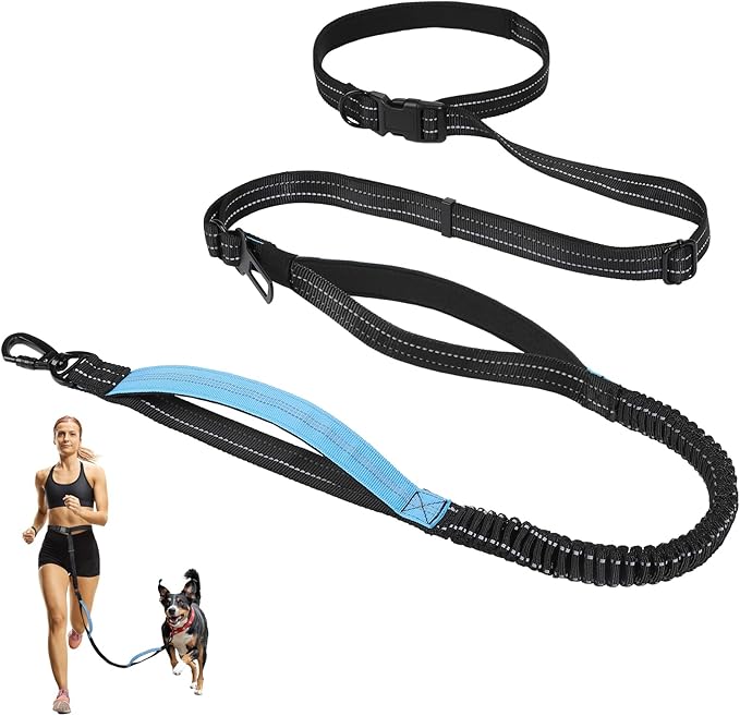 Hands Free Dog Leash, 8.2 FT Waist Leash for Walking, Jogging, Hiking, Adjustable Crossbody Belt with Double Padded Handles, Bungee Car Seatbelt Design for Medium Large Dogs, Black + Blue
