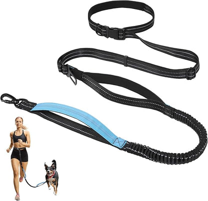 Hands Free Dog Leash, 8.2 FT Waist Leash for Walking, Jogging, Hiking, Adjustable Crossbody Belt with Double Padded Handles, Bungee Car Seatbelt Design for Medium Large Dogs, Black + Blue