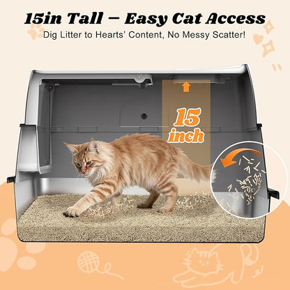Stainless Steel Litter Box with Lid, XL Extra Large Metal Cat Litter Boxes for Big Cats Enclosed, Easy to Scoop with Scoop Set, High Sides Enclosure Anti-Urine Leakage Non-Sticky