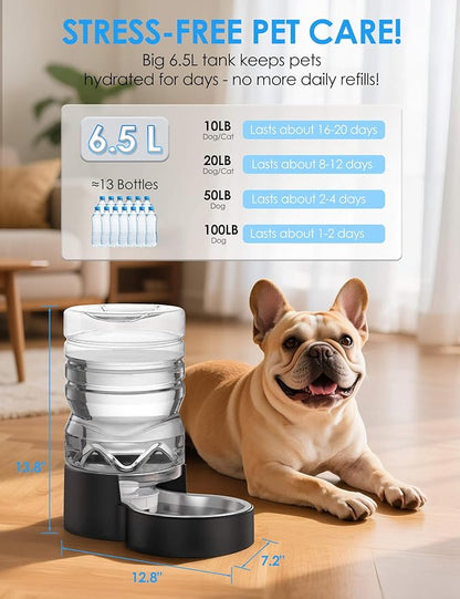 Heouvo 1.7 Gallon Automatic Dog Water Dispenser【Wide Mouth for Easy Hand-in Cleaning】【Removable Stainless Steel Bowl】, Gravity Refilling Large Capacity for Cats and Dogs, Multi-Pet Homes