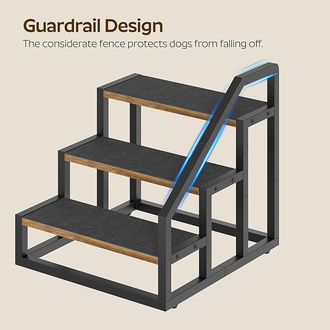Dog Stairs for Small Dogs, 3-Steps Dog Steps for High Beds and Couch, 20.5”H Pet Steps with Non-Slip, Rustic Brown and Black LT11BR