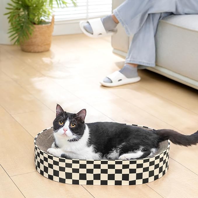 Large Oval Cat Scratcher Bowl, Cardboard Cat Scratching Pad & Lounge Bed, High-Density Reversible Cat Nest for Large Indoor Cats, Furniture Protector with Ergonomic Curve, Gift Catnip Included