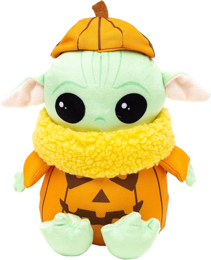 Star Wars Squeaky Plush Dog Toy for Large, Medium & Small Dogs, Halloween Grogu Pumpkin Sitting Pose, 8.5" x 7.0"
