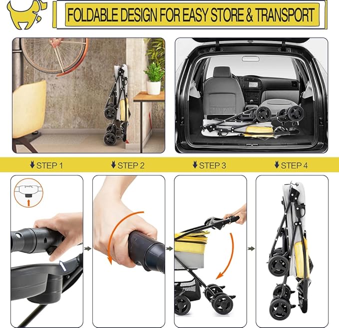 3-in-1 Pet Stroller for Small Dogs and Cats, Folding Lightweight Dog Stroller with Detachable Carrier Portable Cat Puppy Jogging Stroller with Cup Holder and Storage Basket, 4 Wheels