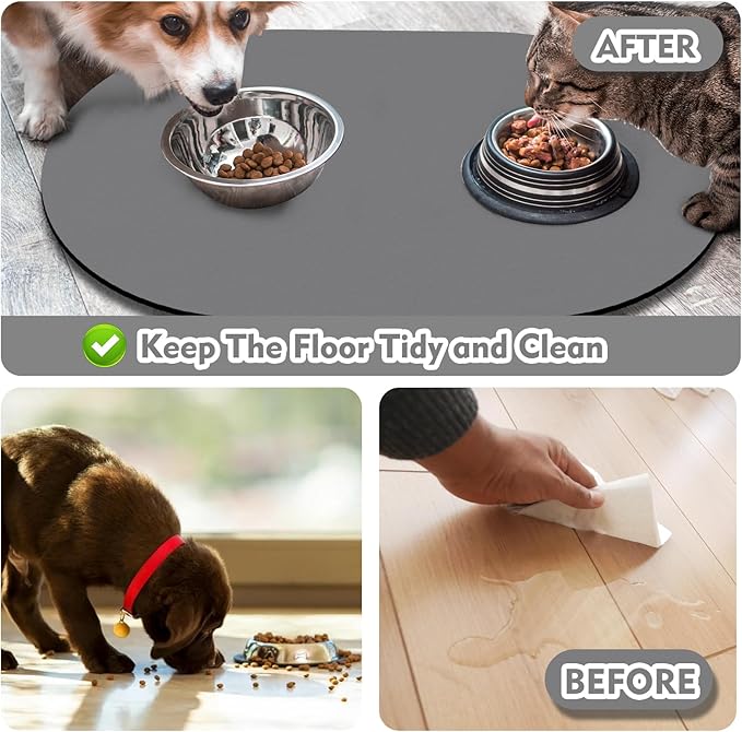 Pet Feeding Mat – 20''x12'' Absorbent Dog Food Mat, Pet Water Mats Protect Floor, No Stains Quick Dry Water Bowl Mats, Non-Slip Rubber Base Pet Placemats for Food and Water, Dark Gray