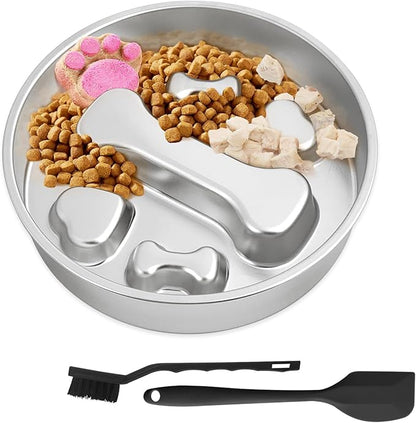 ZUFECY Slow Feeder Dog Bowls, Stainless Steel Slow Feed Bowl for Dogs and Cats, Dual Function Slow Food & Snack Bowls, Equipped with Brush and Scraper