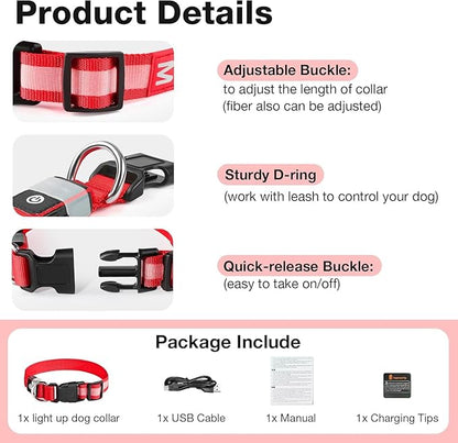 PcEoTllar Light up Dog Collar for Night Walking - LED Dog Collar Light Rechargeable Color Changing, Glow in the Dark Dog Collars Waterproof Glowing Dog Collars for Large Small Medium Dogs