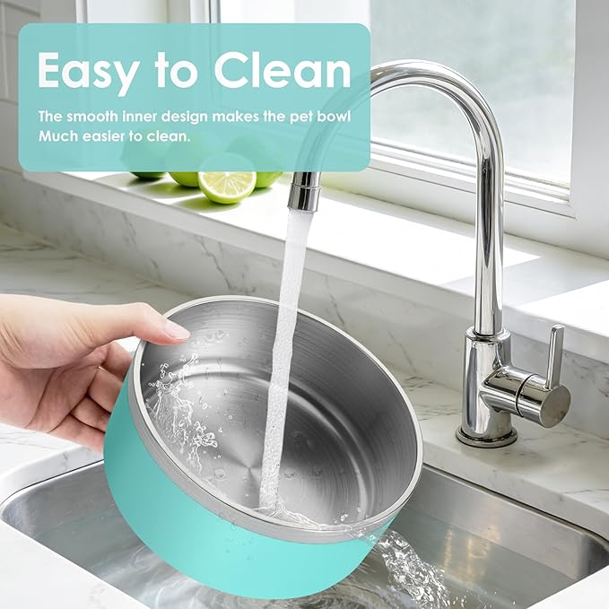 IKITCHEN Dog Bowl for Food and Water, 64 Oz Stainless Steel Pet Feeding Bowl, Durable Non-Skid Double Wall Insulated Heavy Duty with Rubber Bottom for Medium Large Dogs (64 Ounces/8 Cup, MintGreen)