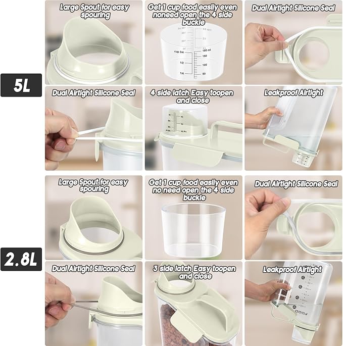 8-12 LBS Cat Dog Pet Food Storage Container, Plastic Dispenser Upgraded Large Nozzle, BPA-free, With Sealed Clasps, Measuring Cup and Handle, Easy to Clean and Carry -2 Packs Beige