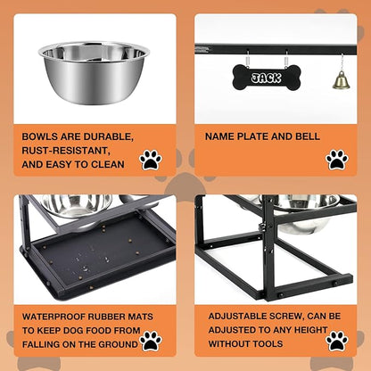 Elevated Dog Bowls, Raised Stand for Large and Medium Dogs, Adjustable Height With Two 58oz Stainless Steel Food Bowls and Spill Proof Mat