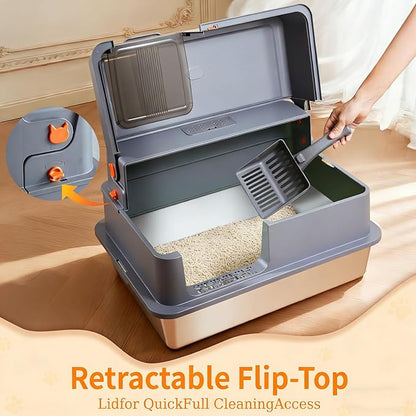 Enclosed XXXXL Stainless Steel Litter Box, 28" L x 20" W x 17" H, Side Entry Extra Large Metal Cat Litter Box with Lid for Big & Multiple Cats, Removable Enclosure, Anti-Leakage,Easy to Clean