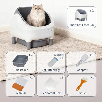Self Cleaning Cat Litter Box with APP Control, Open-Top Automatic Litter Box for Multiple & Large Cats, 10.5L Sealed Waste Bin, Safety Sensors, Ultra-Quiet, Odor-Free, 2.4G WiFi