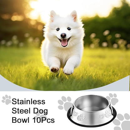 10 Pcs Stainless Steel Dog Bowl Pet Feeding Bowl with Rubber Base Non-Slip Pet Dishes Metal Dog Bowls Pet Food and Water Bowls for Small Medium Animals Kitten Rabbit (47.3 oz)