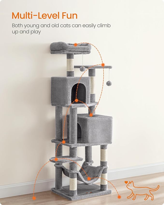 Feandrea Cat Tree, 59.5-Inch Tall Cat Tower, Plush Multi-Level Condo with 5 Scratching Posts, 2 Perches, 2 Caves, Hammock, 2 Pompoms, Light Gray UPCT192W01