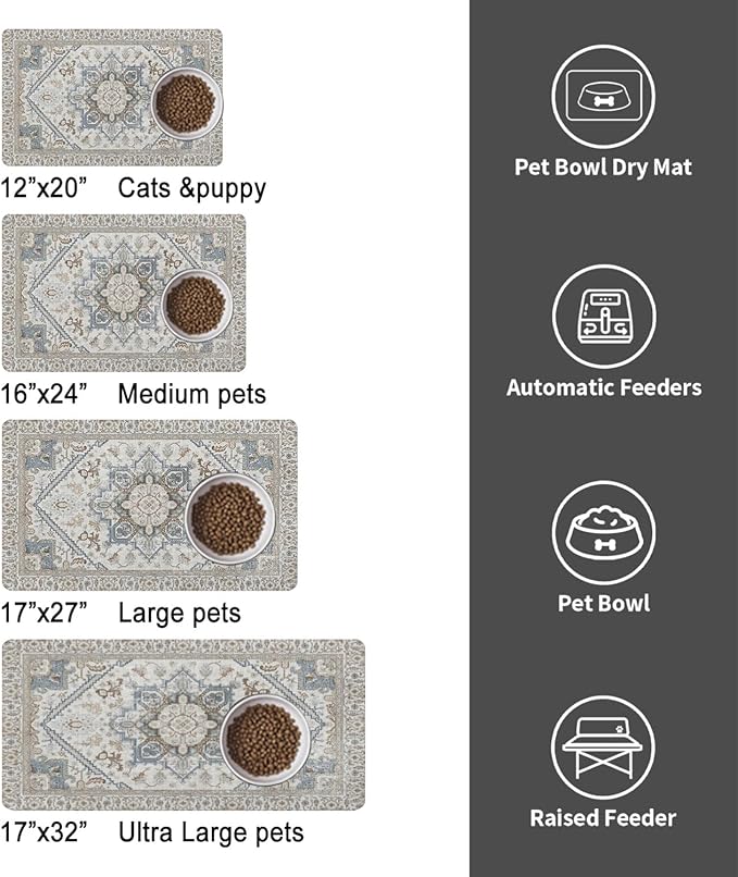 Dog Food Mats for Floors, Absorbent and Quick-Drying Pet Cat Food Mat,Anti-Fouling and Easy-to-Clean Pet Feeding Mat,Dog Bowl Mat for Messy Drinking Water Bowls.17 x27, Bohemia Style
