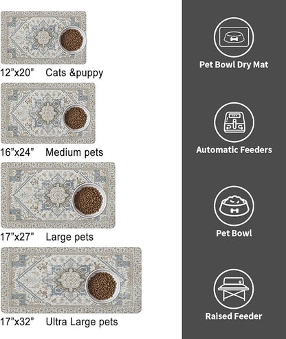 Dog Food Mats for Floors, Absorbent and Quick-Drying Pet Cat Food Mat,Anti-Fouling and Easy-to-Clean Pet Feeding Mat,Dog Bowl Mat for Messy Drinking Water Bowls.17 x27, Bohemia Style