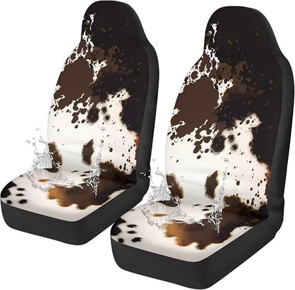 Car Seat Covers Waterproof Brown Cow Print Car Seat Covers Front Seats Only Easy Installation Stretch Polyester Fabric Cover Suitable for Cars, SUV and Trucks, 2 Pack