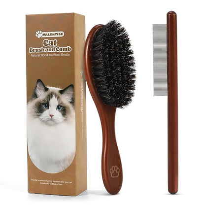 Wooden Cat Brush and Comb, Cat Hair Brush with Nautral Boar Bristle for Reduce Shedding and Keep Healty Shine, Daily Pet Grooming Tool for Dogs & Cats