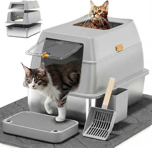 Stainless Steel Litter Box with Lid,Front Entry Top Exit Kitty LitterBox,Extra Large Enclosed Metal Cat Box with Litter Scoop & Litter Mat-Light Gray