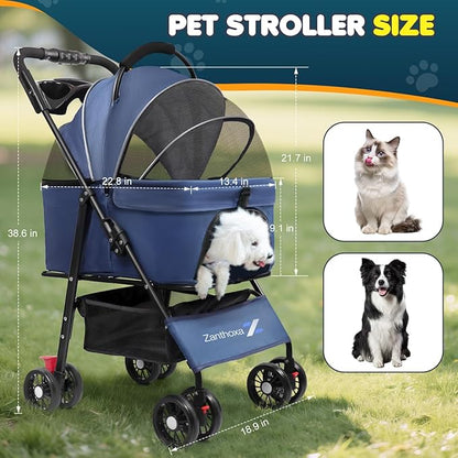 Dog Stroller, 4 Wheels Pet Stroller for Small & Medium Dogs, One-Click Foldable Cat Strollers Up to 45 Ibs with Storage Basket, Cup Holder and Breathable Mesh