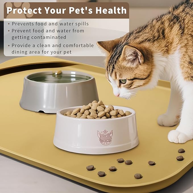 Silicone Pet Food Mat with Raised Edge for Food and Water Bowl, Dog Feeding Mats, Cat Food Trays for Floor Waterproof, Rubber Tray for Dogs and Cats, 19 x 12 x 0.7 Beige