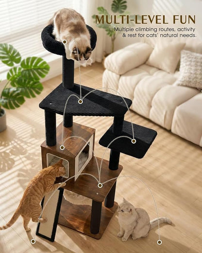 61" Modern Cat Tree Tower for Indoor Cats, Luxury Climbing Tower with Plush Lounge, Kitty Condos, Hammock & Scratching Posts, Classic cat Furniture (Walnut)