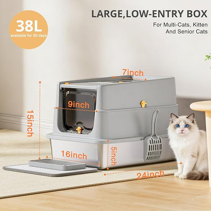 Stainless Steel Cat Litter Box, XL Enclosed Cat Litter Box with Lid, Easy to Clean High-Sided Metal Kitty with Top Entry, Scoop, Mat, Brush & Foot Pedal-Light Gray