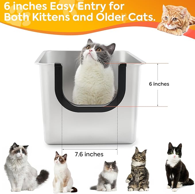 Yangbaga Extra Large Stainless Steel Litter Box, Leak Proof 12 Inches High Sides for Urine & Litter Trapping, Corner Litter Box for Kittens, Older Cats,Non-Stick,Non-Slip,No Sharp Edges