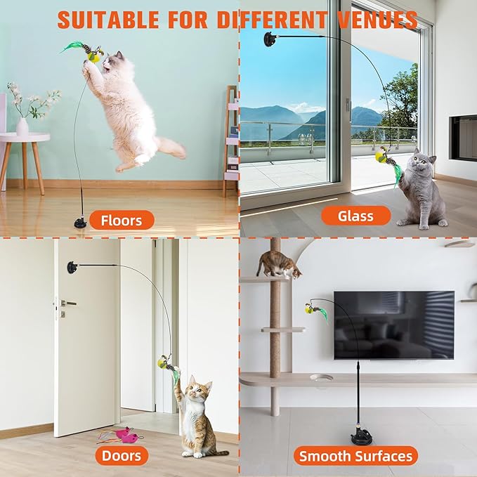 PAWCHIE Cat Wand Toy,19 Pcs Interactive Cat Feather Toy,Reusable Suction Cup Cat Bird Simulation Toy Set,Self Play Cat Kitten Toys for Indoor Play Exercise，Hanging String and Mouse Toy