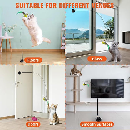 PAWCHIE Cat Wand Toy,19 Pcs Interactive Cat Feather Toy,Reusable Suction Cup Cat Bird Simulation Toy Set,Self Play Cat Kitten Toys for Indoor Play Exercise，Hanging String and Mouse Toy