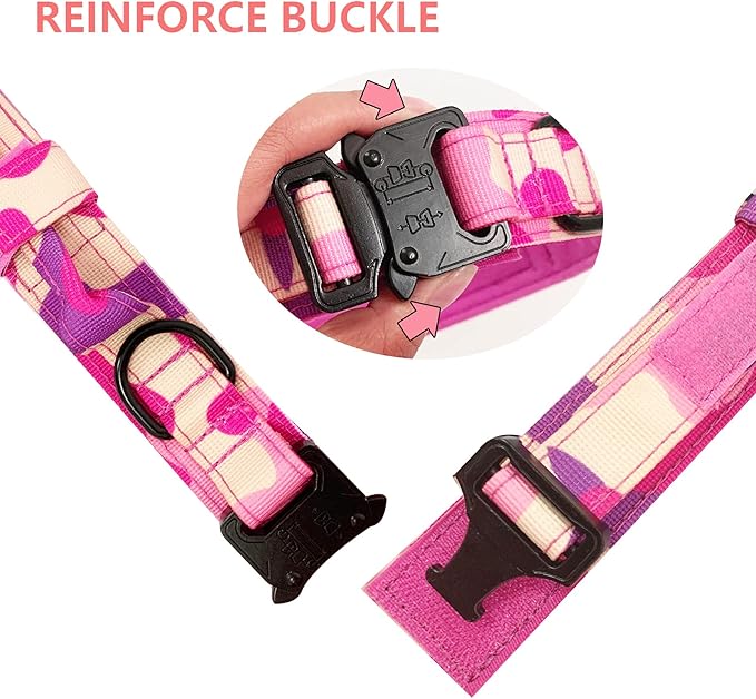 Xqpetlihai Tactical Dog Collar and Leash Set Adjustable Military Nylon Dog Collar with Control Handle and Heavy Duty Metal Buckle for Large Dogs （Pink Camo XXL