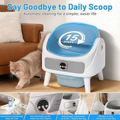 SUW Self Cleaning Cat Litter Box, Open-Top Automatic Litter Box for Multiple Cats, Large Capacity Robot, APP Control, Safety Protection, 2 Rolls Litter Bag Liners, 1 Odor Eliminator