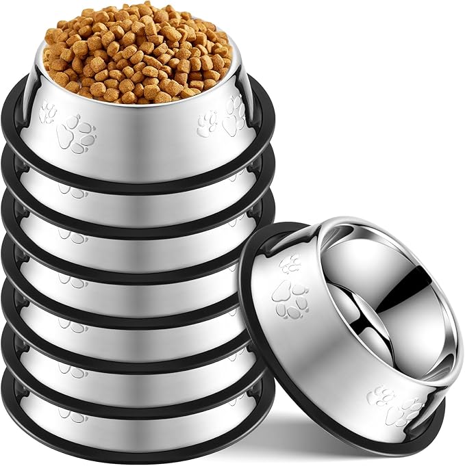 Tanlade 8 Pack Stainless Steel Dog Bowls Metal with Rubber Base Non-Slip Pets Puppy Cats Feeding Food and Water Bowls Dishwasher-Safe for Indoor Small Medium Large Dogs Cats Kitten Rabbit(10.1 oz)