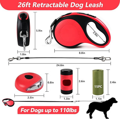 Heavy Duty Retractable Dog Leash for Large Dogs, 26ft Dog Leash with Poop Bag Holder, Up to 110lbs, chew Proof Cable, LED Light, 360° No-Tangle, One-Handed Pause & Locked. (Red, L 26ft)