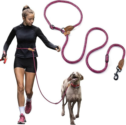 Mile High Life Hands Free Dog Leash, Crossbody Waist Leash with Genuine Leather Connection, Multifunctional Adjustable Slip Lead for Dog Walking Running (Hot Pink, 7FT)