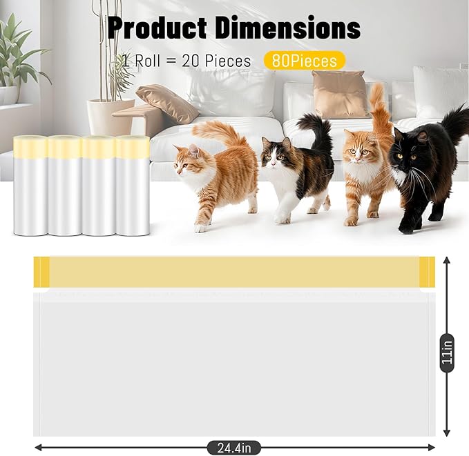 Cat Litter Bags for Automatic Litter Box, Replacement Self-Cleaning Cat Litter Box Liners, Drawstring Trash Bags for Robot, Waste Bag of 24.4×11 Inches（80 Counts/4 Rolls）