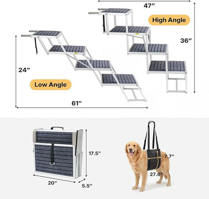 Veehoo Extra Wide Dog Steps for Car Truck SUV Foldable, 4 Steps Lightweight Aluminum Dog Stairs for Injured Senior Large Dogs 20" Wide, Folding Pet Ramp Ladder with Non Slip Surface, up to 170lbs