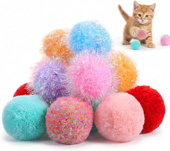 14 Pcs Cat Pom Pom Balls 2 Inches Cat Balls Toy Cats Poms Poms Sparkle Fuzzy Ball Yarn Puffs Interactive Cats Toy Interactive Kitten Chasing Toys