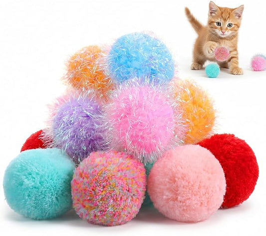 14 Pcs Cat Pom Pom Balls 2 Inches Cat Balls Toy Cats Poms Poms Sparkle Fuzzy Ball Yarn Puffs Interactive Cats Toy Interactive Kitten Chasing Toys
