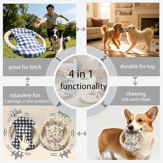 Dog Frisbees Cotton Rope Toys Flying Discs 2 Pack, Teething, Soft Polyester Squeaker Toy for Training,Throwing and Interacting for Anti Boredom & Anxiety, Easy to Clean