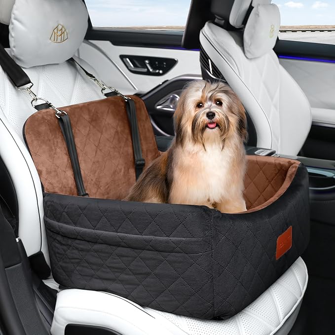 WOOAIDAGG Dog Car Seat for Small Dogs Under 30lbs,Ultra Soft Fabric & Memory Foam Pet Travel Car Bed,Washable & Detachable,Anti-Slip Bottom,2 Storage Pockets and Safety Tethers(Black/Brown)