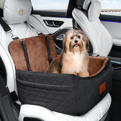 WOOAIDAGG Dog Car Seat for Small Dogs Under 30lbs,Ultra Soft Fabric & Memory Foam Pet Travel Car Bed,Washable & Detachable,Anti-Slip Bottom,2 Storage Pockets and Safety Tethers(Black/Brown)